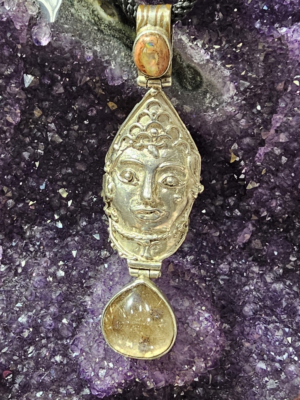 Ooak Silver .950 Pendant with Brazilian Rutilated Quartz & Mexican Fire Opal